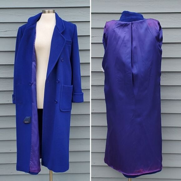 Vintage 80s Preppy Acadamia Royal Blue Virgin Wool Double Breasted Trench Coat 8 - Picture 3 of 6